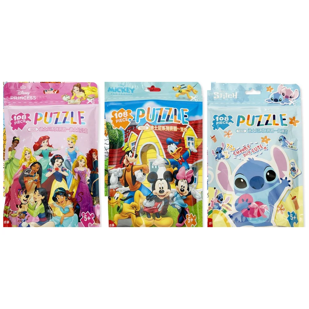 Disney Jigsaw Puzzle 108 Pieces Princess Mickey Stitch with Reference Sheet and Bag Christmas Gift Children