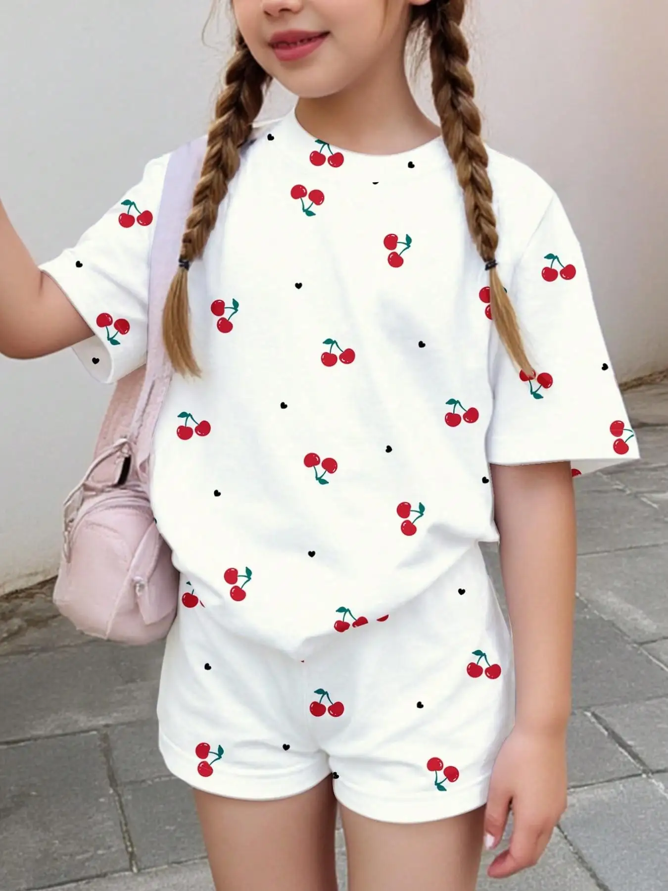 Conjunto com estampa de cereja para meninas, top branco de manga curta com estampa de cereja + shorts, conjunto de duas peças, fresco e moderno, adequado para crianças de 4 a 12 anos, roupa casual de verão para casa e passeios