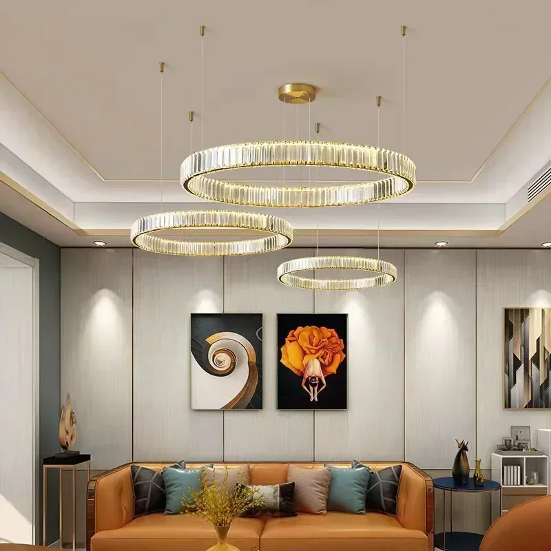 Luxury Gold Chrome Metal Chandeliers Modern Clear Crystal LED Pendant Light Hotel Villa Restaurant Remote Control Hanging Lamps
