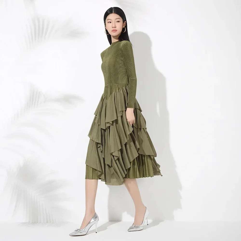 Miyake Pleated Women's Dress Folds Fashion Designer Loose Long Sleeve Female Elegant Pleated Dresses 2024 Autumn New Cake Skirt