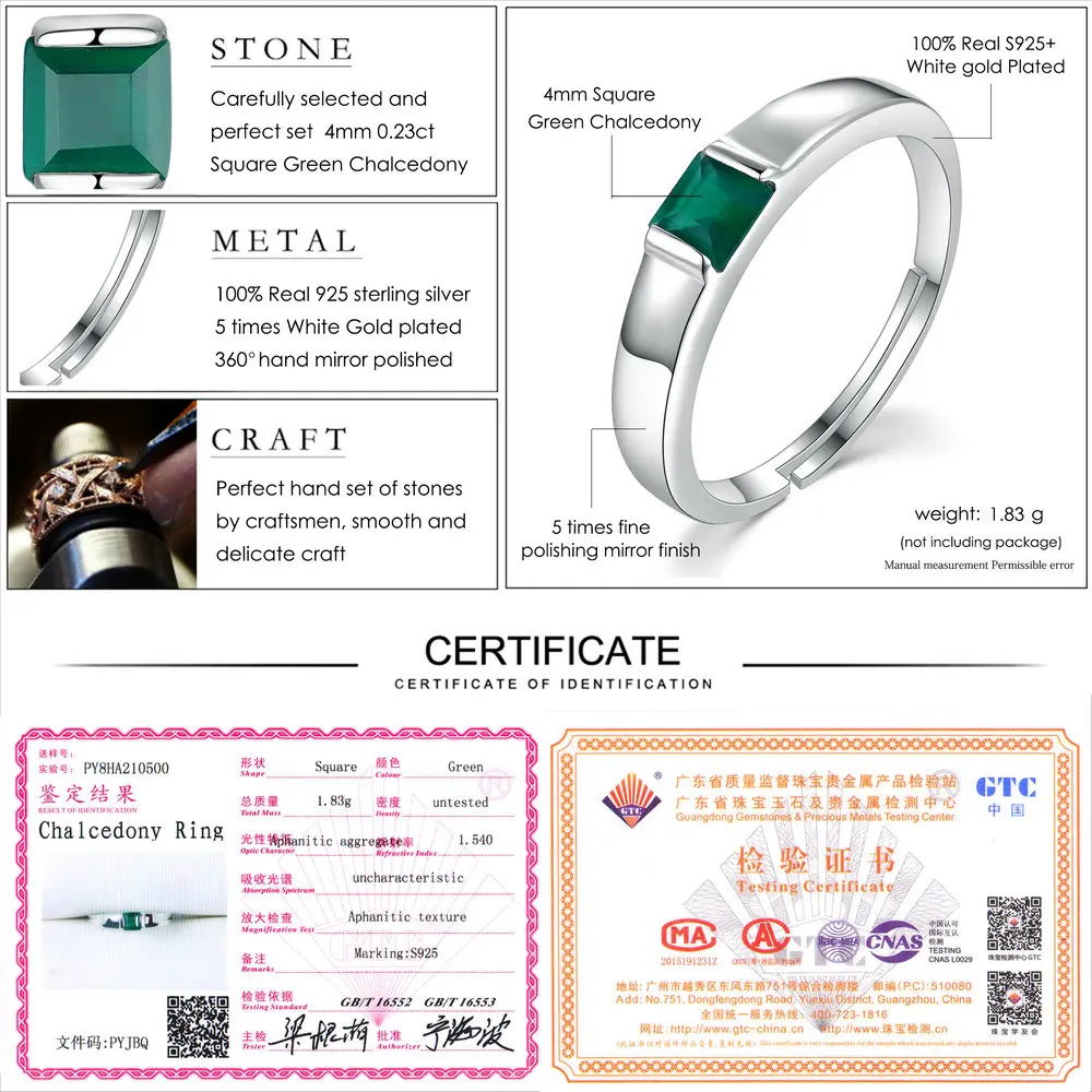 LAMOON S925 Ring For Women Pricess cut Green Agate Chalcedony 925 Sterling Silver 18K White Gold Plated Fine Jewelry LMRI006