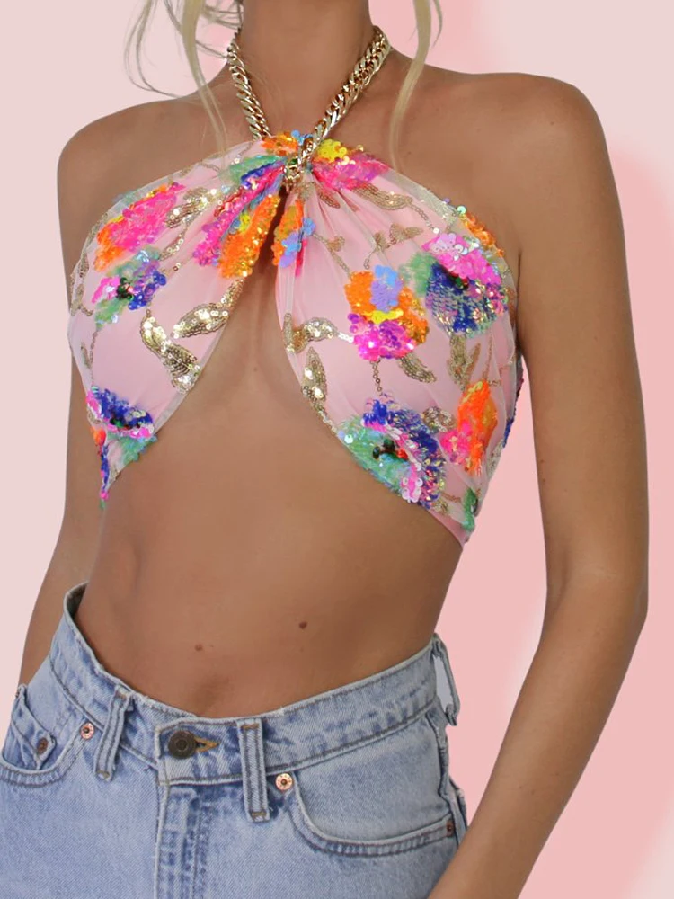 Floral Sequin Embroidered Y2K Pink Summer Crop Top with Necklace Tie Up Full Lining Evening Night Party Camis Chain