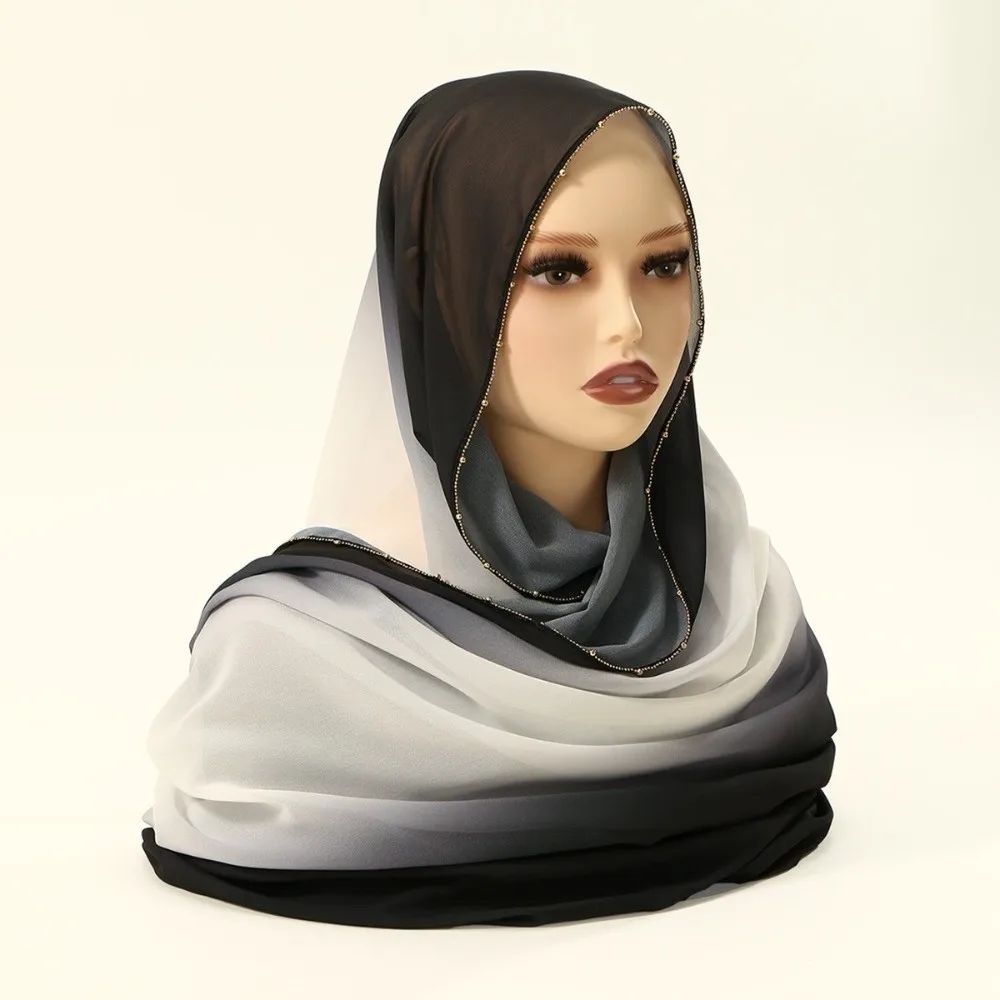 

Модный градиентный двойной цветной шарф в этническом стиле, золотые бусины, цепочка, исламский тюрбан, тонкая бандана, шаль для вечеринки