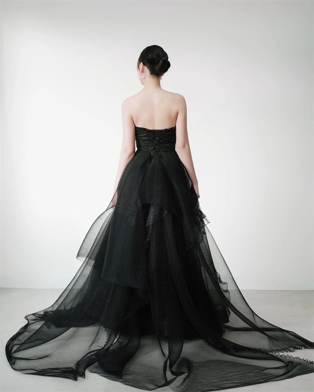 Personalizado formal preto tule vestido de noite gracioso sem alças sem mangas vestido de baile moda tribunal trem vestidos de ocasião especial