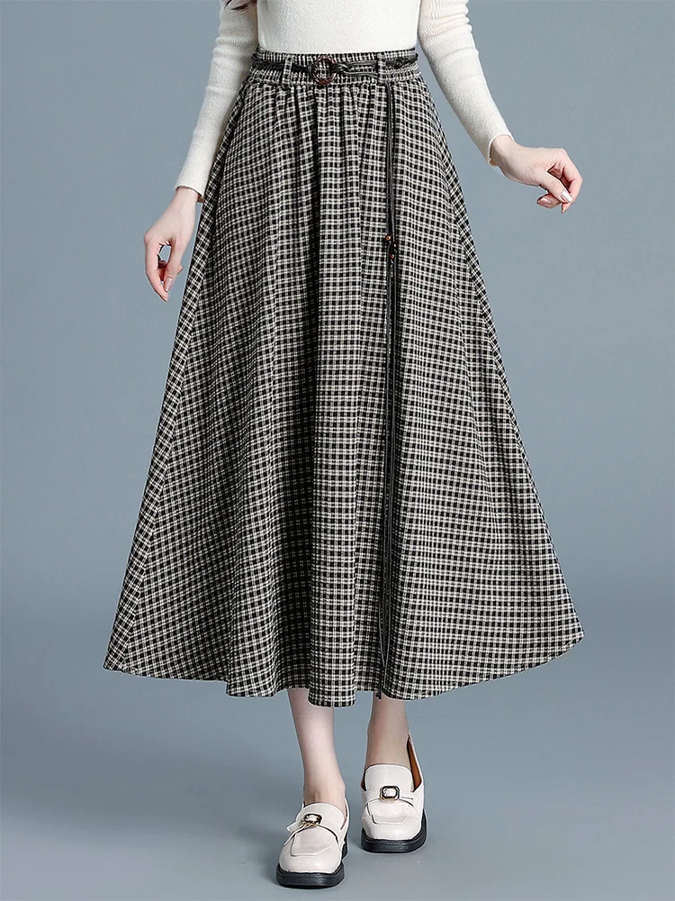 

ZUZK Retro Art Plaid Skirt Elastic High Waisted Midi Skirt Korean Style Fashion Retro Versatile Irregular Autumn Umbrella skirt