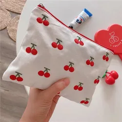 Cotton Cosmetic Bag Portable Cute Cherry Embroidery Women Storage Bags Small Female Travel Zipper Makeup Phone Pouch Case