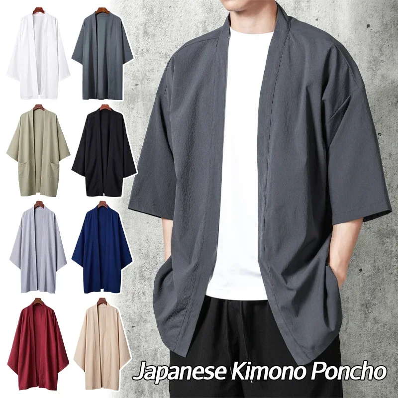 

2025 New Men's Long Solid Color Japanese Kimono Poncho Summer Casual Loose Women's Yukata Haori Beach Black Hiyoshi Shirt Jacket