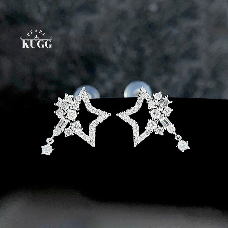 KUGG 100% 18K White Gold Earrings Romantic Star Shape 0.50carat Real Natural Diamond Stud Earrings for Women Birthday Gift