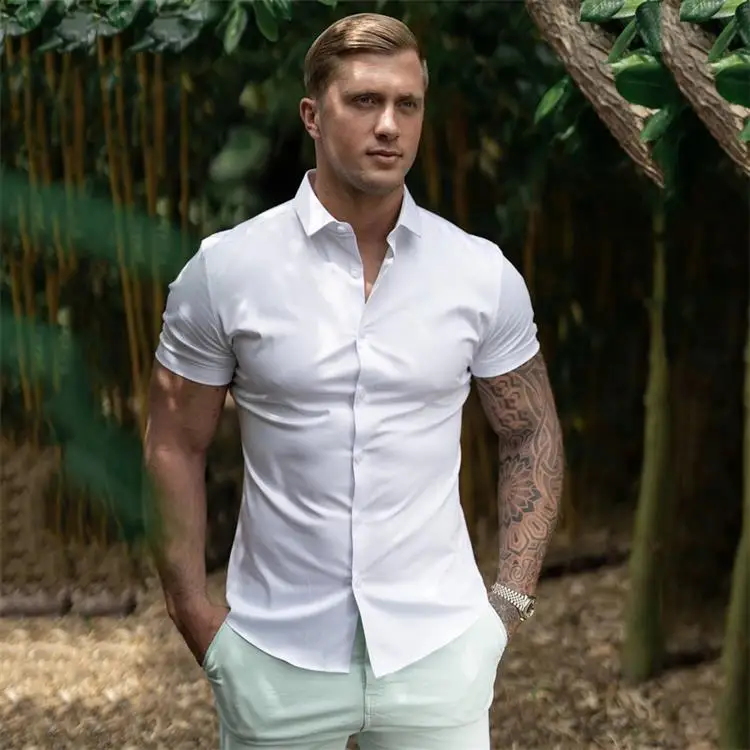 

Summer Mens Shirts Casual Short Sleeve Solid Slim Fit Male Social Business Dress Shirt Mens Breathable Fitness Clothes