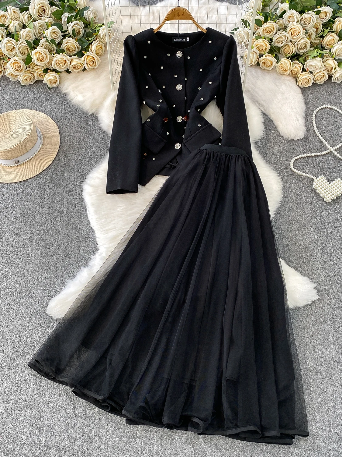 

Elegant Floral Embellished Heavy Diamond Suit Jacket And Mesh Long Skirt Two-Piece Set Fashionable Luxury for Ladies