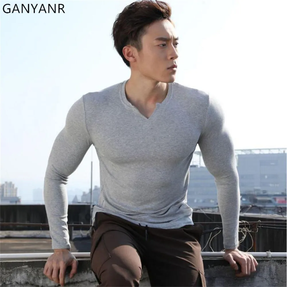 

GANYANR Running T-shirt For Men Compression Sports Gym Active Wear Fitness Bodybuilding Long Sleeve Training And Exercise Tee