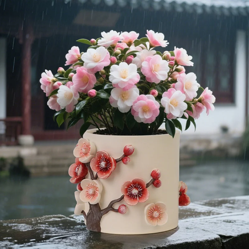 Thickened Large-Diameter Resin Flower Pot 3D Pattern Plum Blossom Orchid & Emerald Courtyard Garden Desktop Decoration