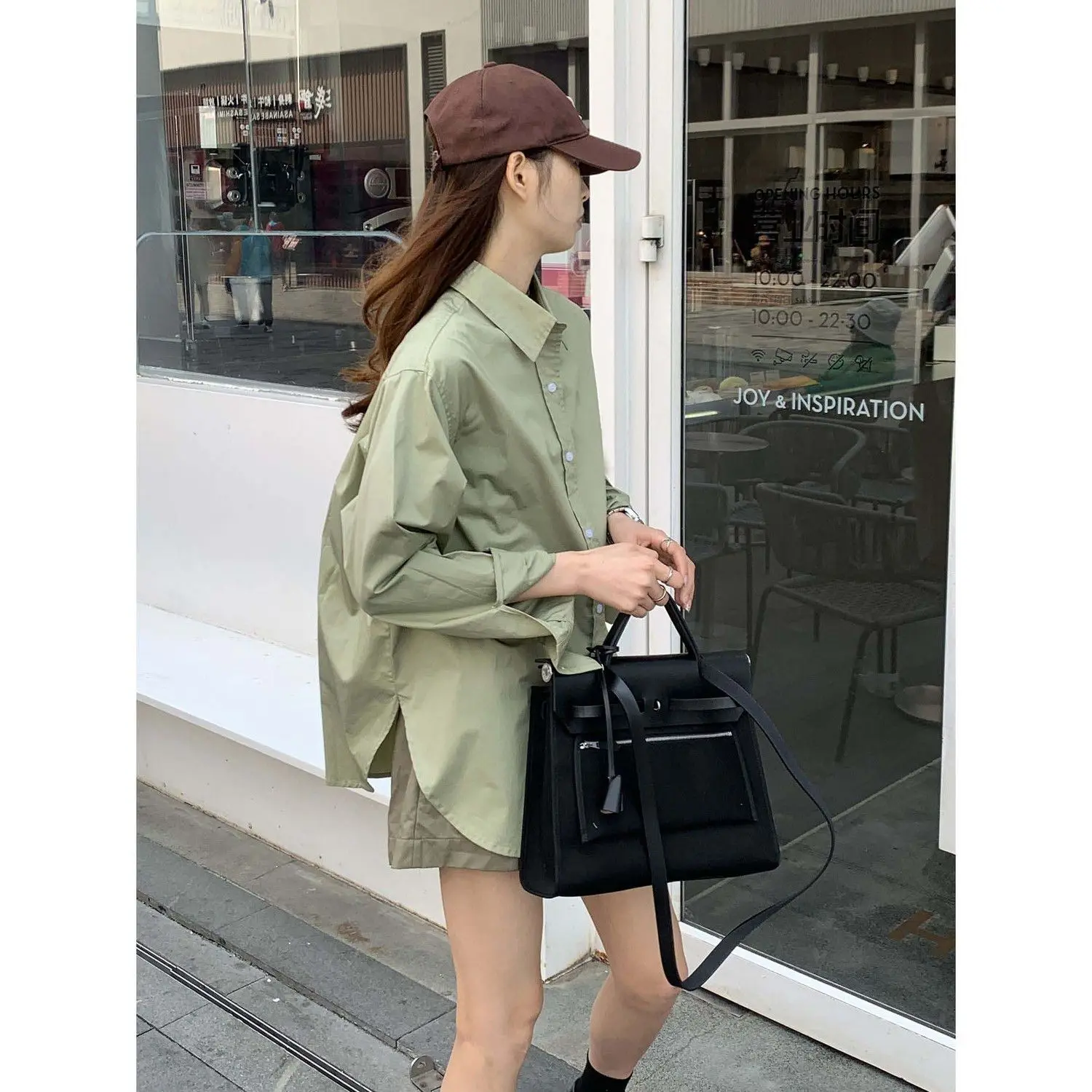 2024 Spring/Summer Fashionable Style Avocado Green Long Sleeved Shirt Women\'s Thin Loose Solid PU Coat Shirt