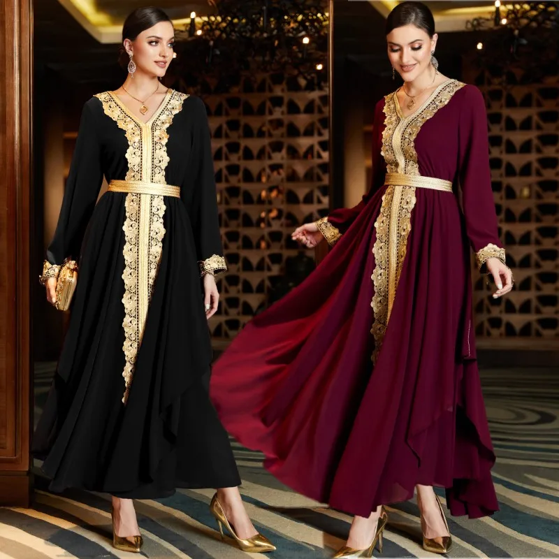 Chiffon Abaya for Muslim Women Dubai Fashion Evening Dresses Lace Patchwork Robe Islamic Fashion Clothes Moroccan Gown Holiday