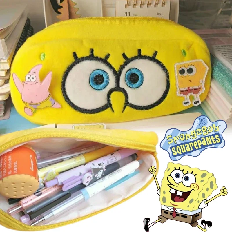 SpongeBob Pencil  Bag Cartoon Anime Pen Pouch Plush Stationery Storage Bag Girl Cute Embroider Pencil Case Student Reward Gift