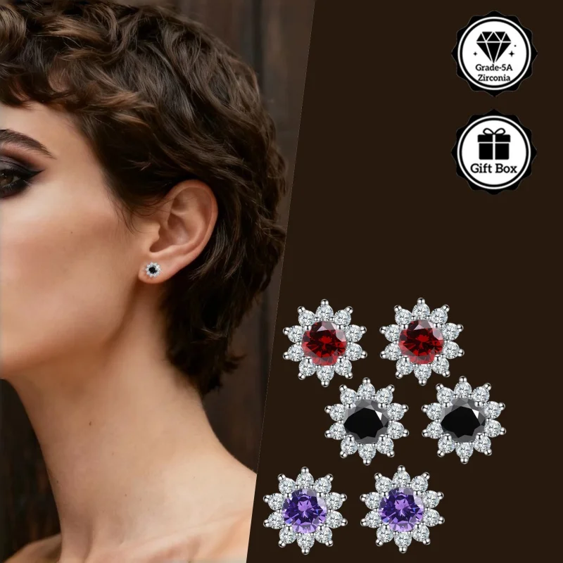 LAMVOICE Schmuck für Damen/Ohrstecker mit 1 Karat Zirkonia, hypoallergene Ohrringe, Weihnachtsgeschenk, blumenförmiger Ohrring