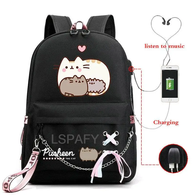 Sac à dos Oxford imprimé chat, Kawaii, pour ordinateur portable, livre d\'école pour fille, à bandoulière, avec chargeur USB, pour voyage, cadeau