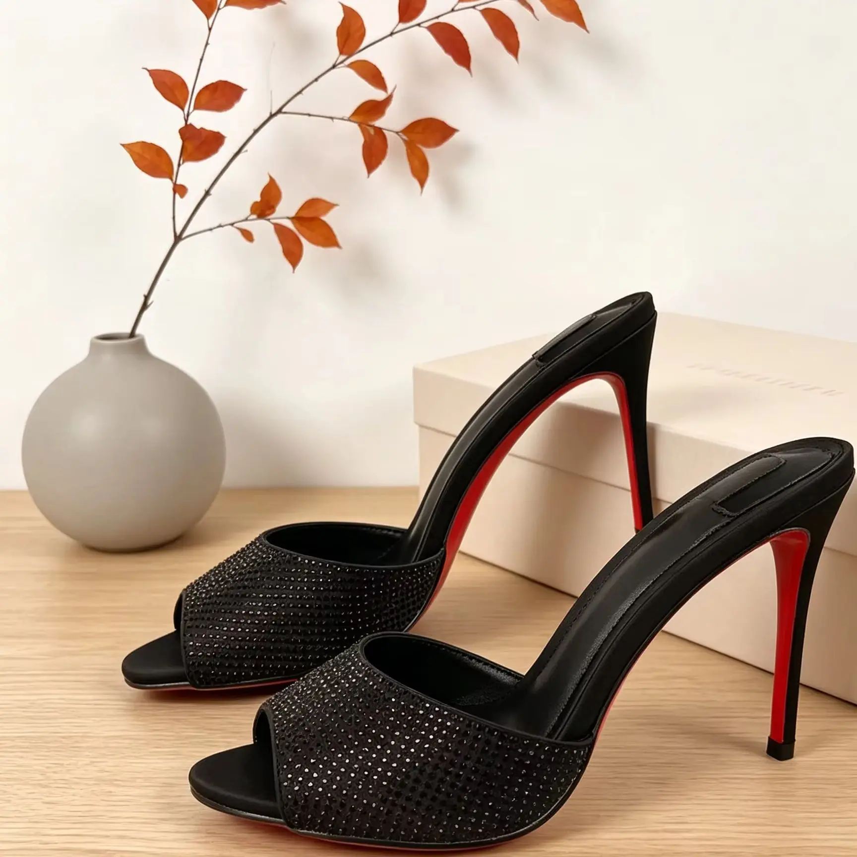 Black Satin Rhinestone Strap Women Stiletto High Thin Heels Pumps Mules Peep Toe Backless Sandals Red Sole Slippers Sexy Shoes