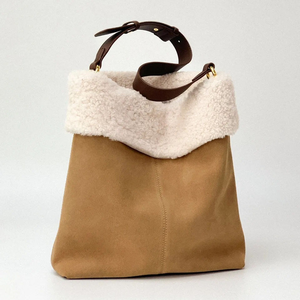 Autumn Winter Unisex Faux Shearling Bucket Bag Women’s Shoulder Crossbody Underarm Tote Fashion Plush Top-Handle Handbag