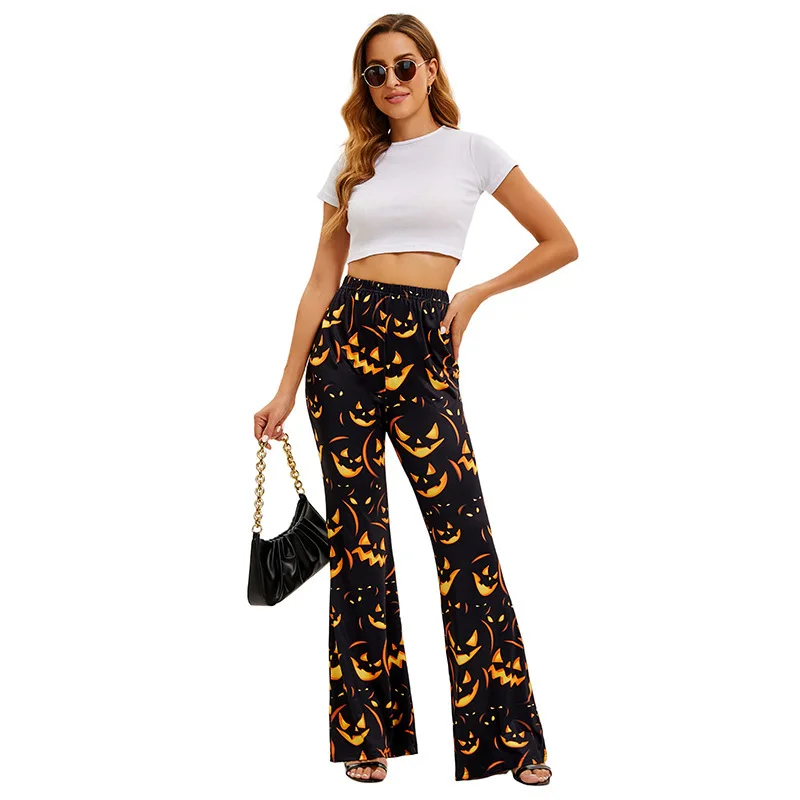 بنطلونات نسائية جديدة لعام 2025 لعيد الهالوين بتصميم واسع من الأسفل مع طباعة رقمية للفاكهة والخفاش، سراويل طويلة أنيقة للسيدا... #2