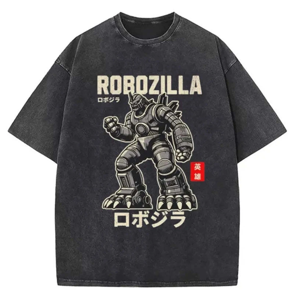 

SOVOB Robozilla винтажная манга аниме мытая мужская одежда Harajuku пуловер с короткими рукавами и круглым вырезом с принтом футболка 25459