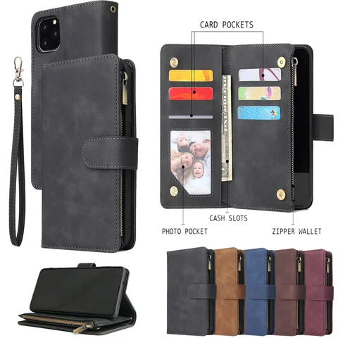 Premium Leather Wallet Case For iPhone 16 15 14 13 12 11 17 Pro Max Plus 17Air 16e Zipper Wallet Card Slots Magnetic Flip Cover