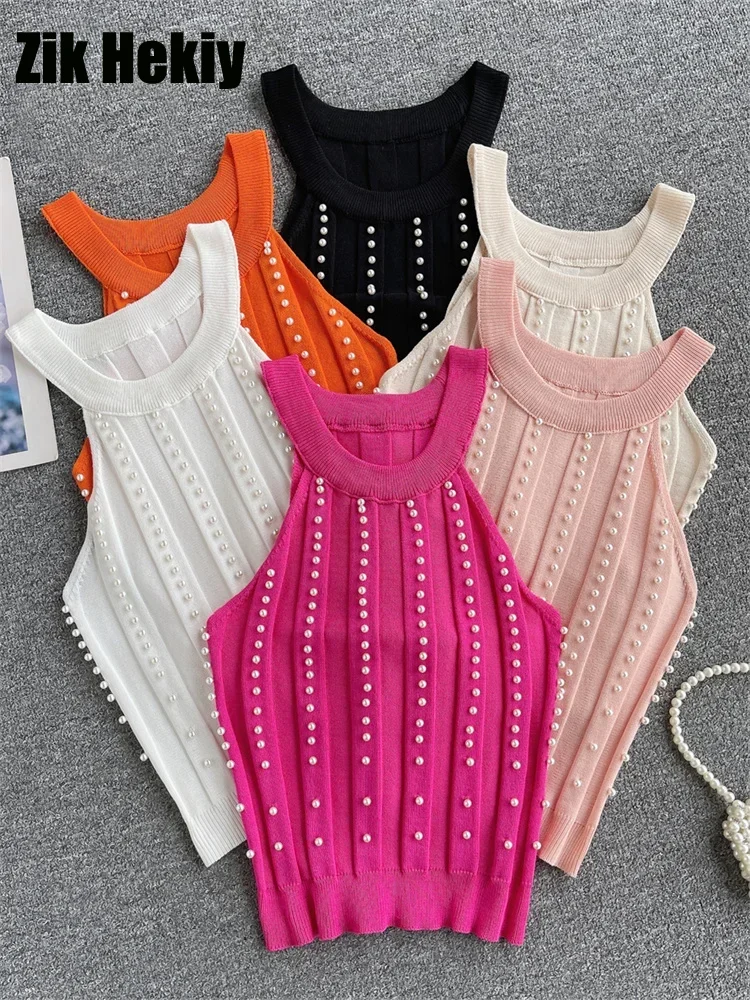 Zik Hekiy Pearls Women Tops Strapless Backless Slim Fit Senior 2024 Korean Style Fashion Streetwear Mini Knitted Tank