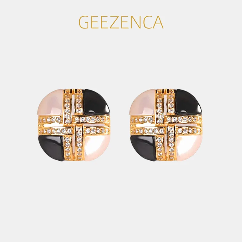 

GEEZENCA S925 Silver Onyx Mother of Pearl Cubic Zirconia Square Stud Earrings Women Gold Plated Trendy Geometric Earring Gift