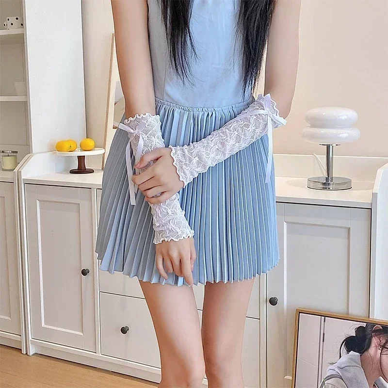 로리타 레이스 장갑 발레 스타일 흰색 레이스 슬리브 여성 얇은 여름 선 스크린 환기 Y2K 소녀를위한 귀여운 활 장갑