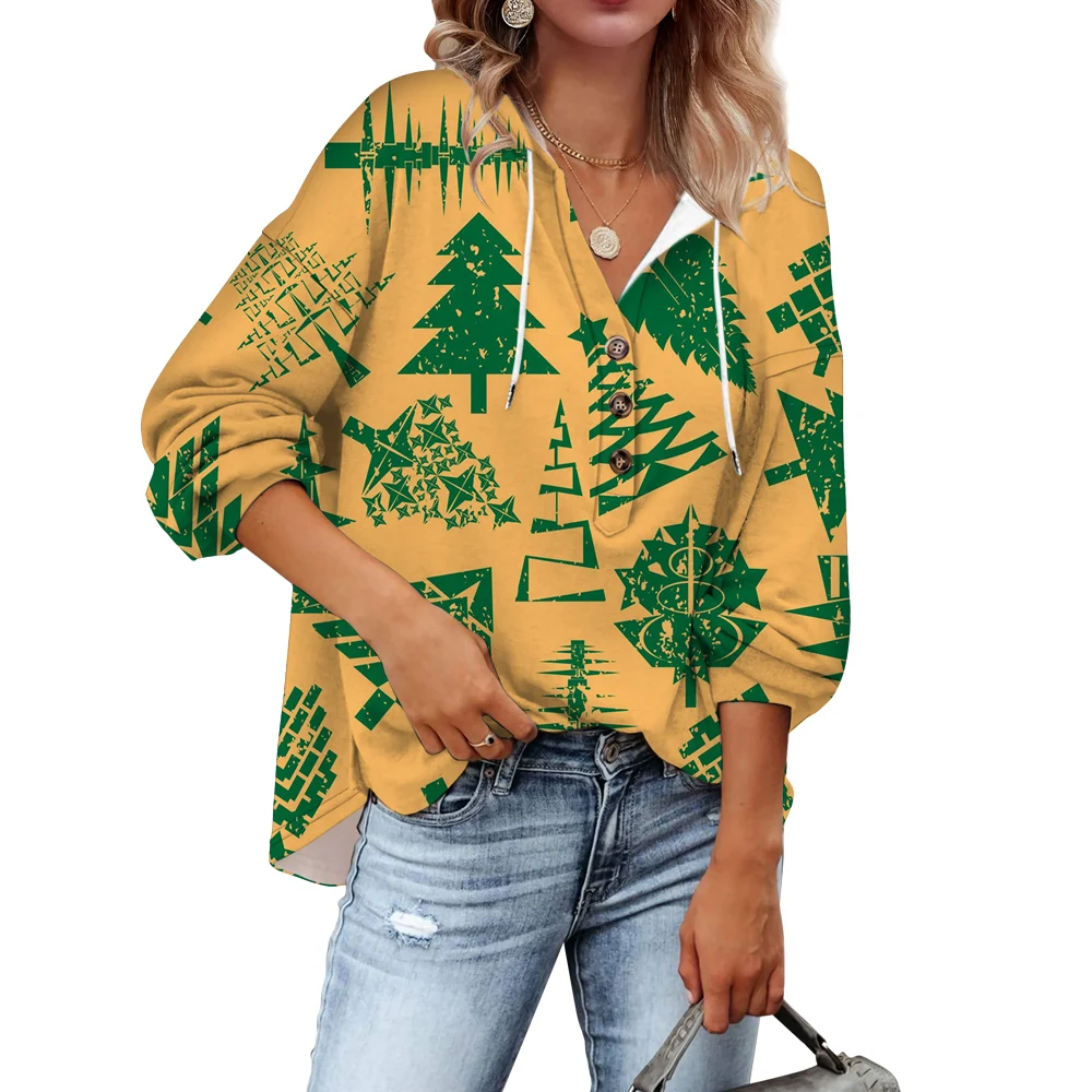 CLOOCL-Sudadera con capucha de manga larga para mujer, Jersey holgado informal con botones, cuello en V, de gran tamaño, para árbol de Navidad