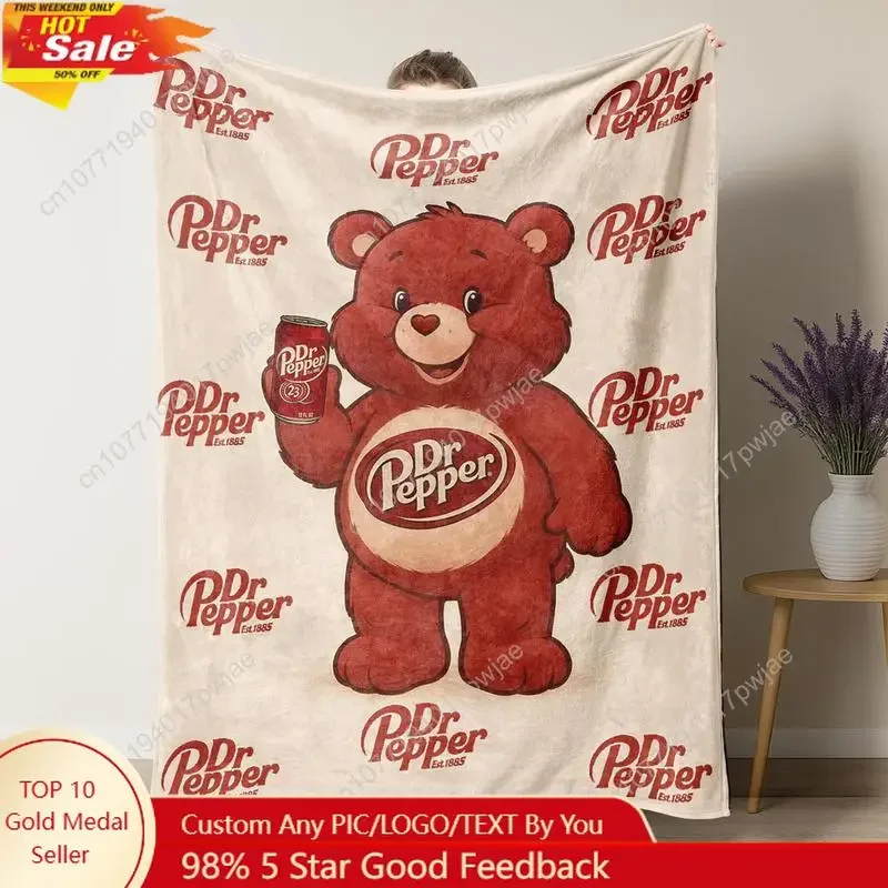 Dr Pepper Bear Flannel Throw Blanket Soft Warm Machine Washable Decorative Wall Hanging for Bed Custom Home Textiles