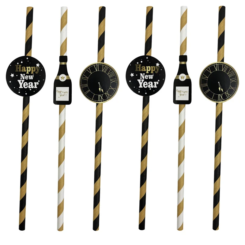 

9Pcs Happy New Year Paper Striped Straws Merry Christmas 2025 New Year Party Drinking Straws Home Navidad Decoration Supplies