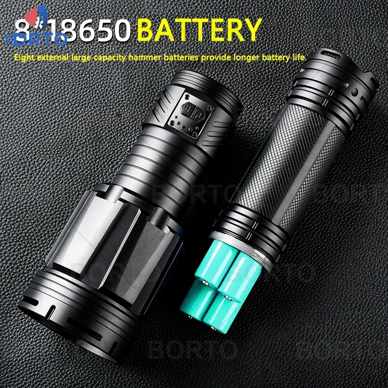 XHP360 LED Flashlight Super Bright Spotlight Long Range Zoomable Emergency Torch Long Battery Life Using 8 18650 Batteries