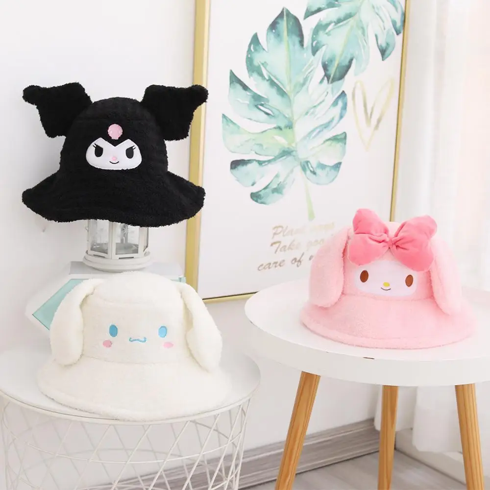 Sanrioed Cinnamoroll Plush Hat Melody Kuromi Fisherman's Hat Warm Winter Kawaii Cartoon Hat Student Girls Birthday Festival Gift