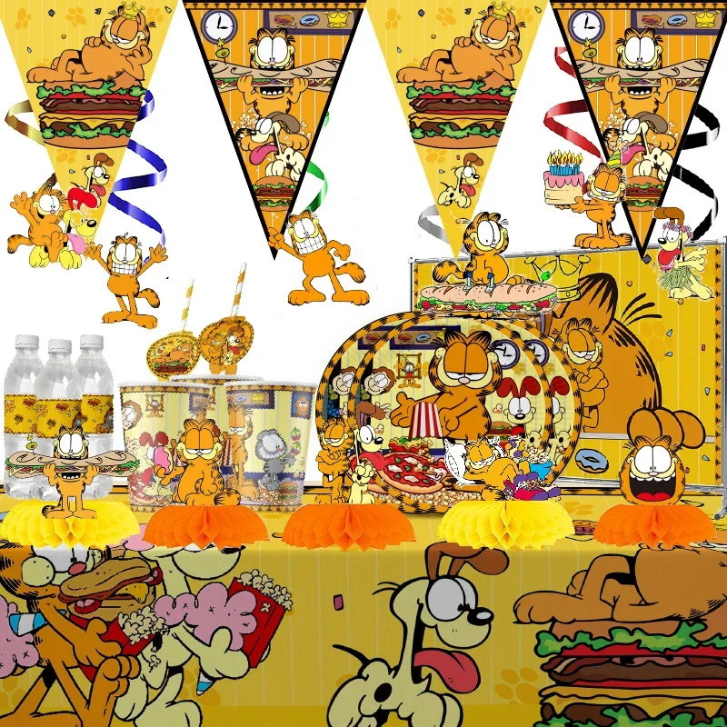 Garfield Cartoon Themed Cute Birthday Party Decoration Tableware Supplies Cups Straws Honeycomb Plates Cake Topper Baby Shower