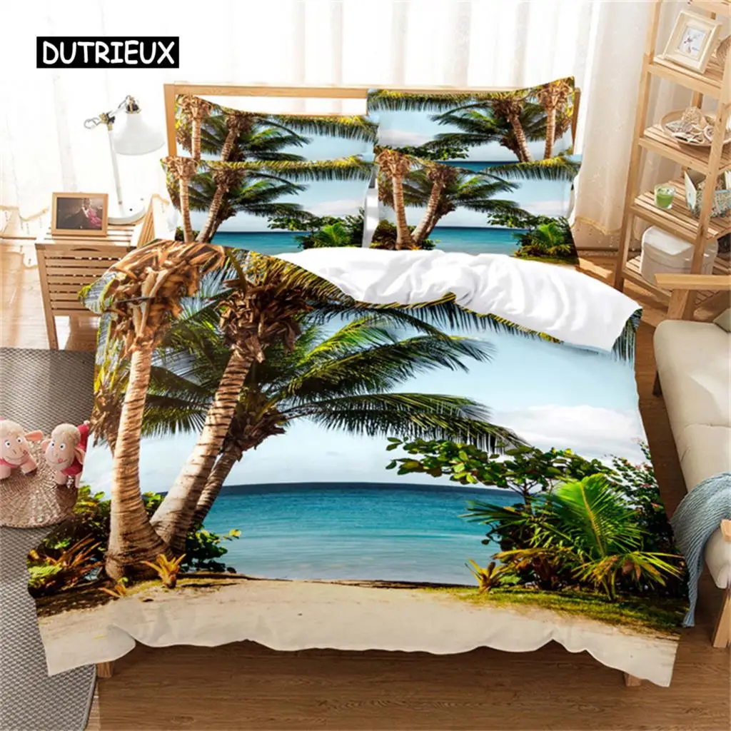 

Beach Coconut 3D Tree Duvet Cover Ocean Beach Plants Bedding Set Comforter Cover Set for Boy Girls Bedroom Decor Bedding Sets