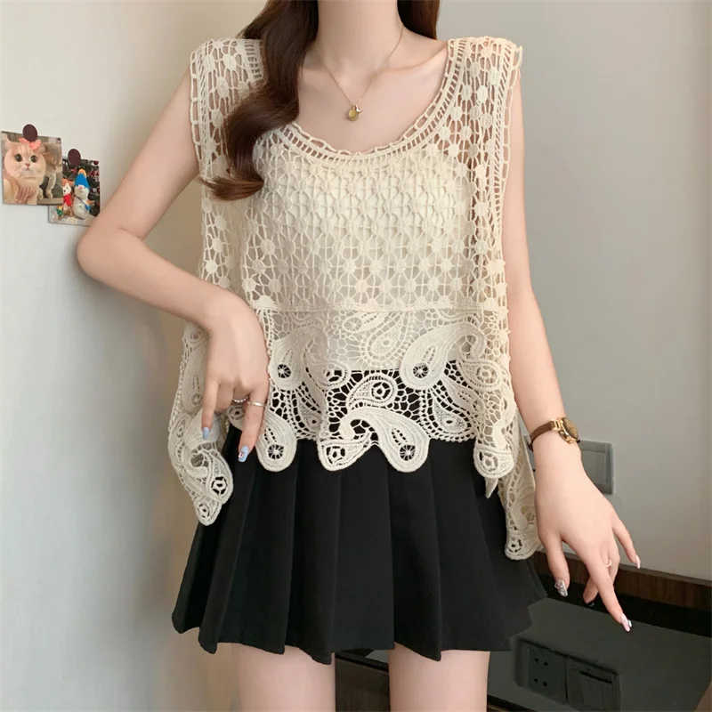 

Новый летний тонкий вязаный крючком полый камзол без рукавов, женский жилет, модные повседневные ажурные кружевные топы на бретелях