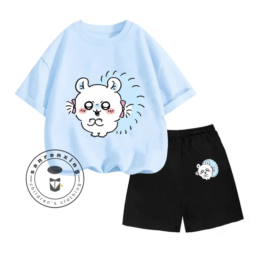 Chiikawa Cartoon Print Design for Boys and Girls in Summer O-neck Korean Short Sleeve + Hip-Hop Shorts Summer Kids Two-piece Set