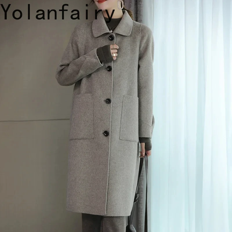 

Elegant 100% Pure Wool Jacket for Women 2024 Winter Autumn Long Coat Womans Clothing Double-sided Outerwears Manteau Femme Hiver