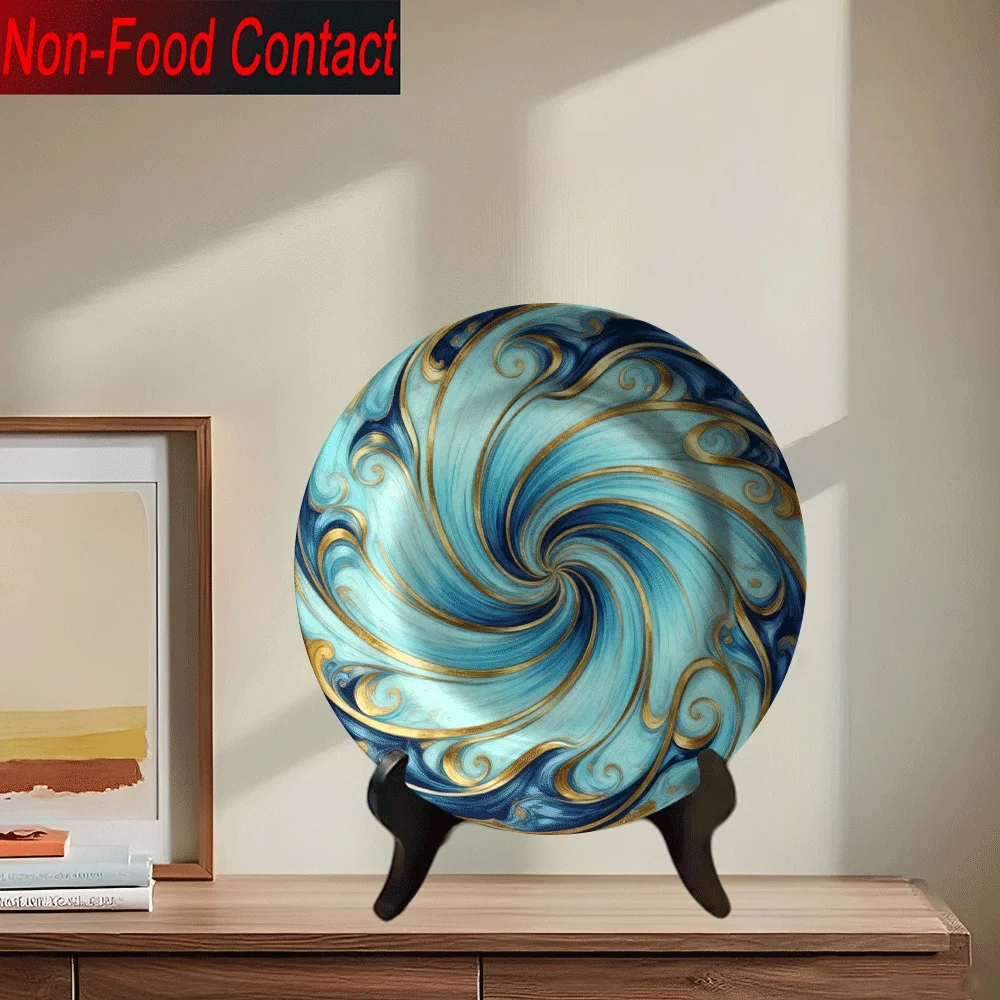 A 2D Ceramic Decorative Plate with a Blue And Golden Gradient Swirl Pattern, Designed Purely for Decoration And Not for Food