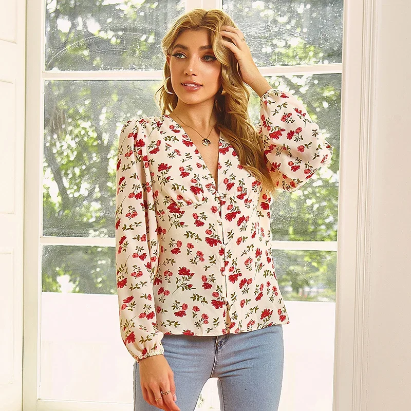 Women's Floral Blouse, Fashion Long-sleeved V-neck, Sweet, Elegant and Comfortable Blouse with Girls Vacation Casual Wear Spring