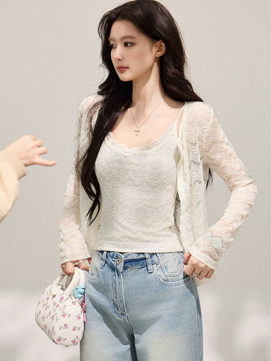 

White Embroidered Lace Long Sleeve Knitted Open Cardigan Women's Early Spring Outerwear Slimming Design Sensation Top