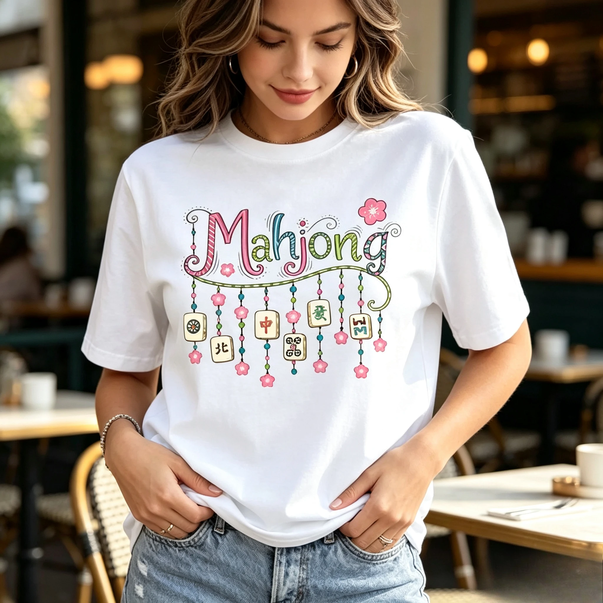 Women Mahjong Graphic Tee Floral Tiles Pendant Print Modal Casual Game Night Family Party Gift Top Vintage Aesthetic