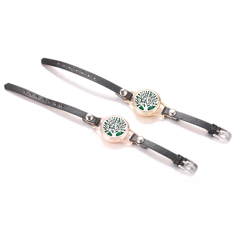 New Leather Essential Oil Diffuser Women Rose Gold Wristband Perfume Lockets Bracelet Tree of Life Aromatherapy Bangle Jewelry