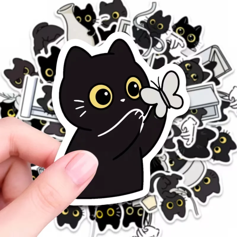 50 autocollants Cat Life - Autocollants de dessin animé imperméables, motif chat noir, adaptés aux carnets et agendas