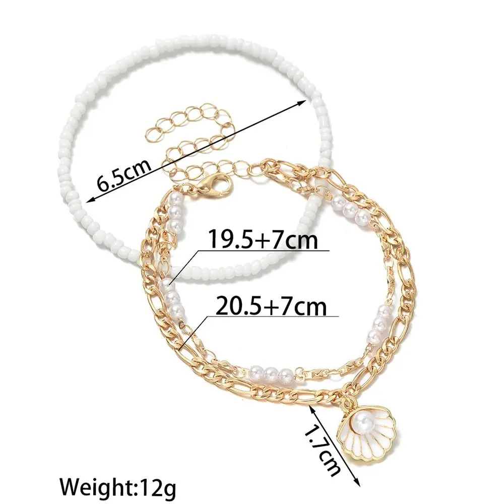 2Pcs Fashion Shell Boho Anklet Set Scallop Elastic Foot Jewelry Rice Beads Beach Charm Anklet For Summer Holiday Wear