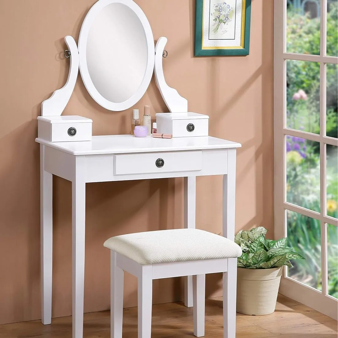 Commode avec miroir, commode avec 1 tiroir, coiffeuse blanche