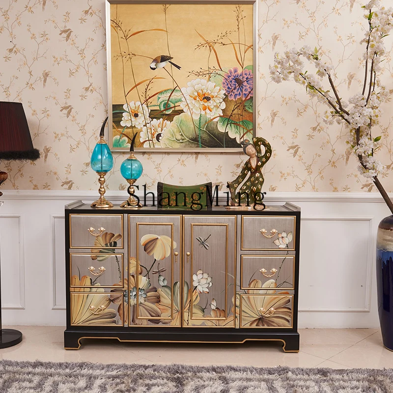 FG entrance decorative furniture solid wood diningmodern new Chinese style medieval style painted lotus flower living room