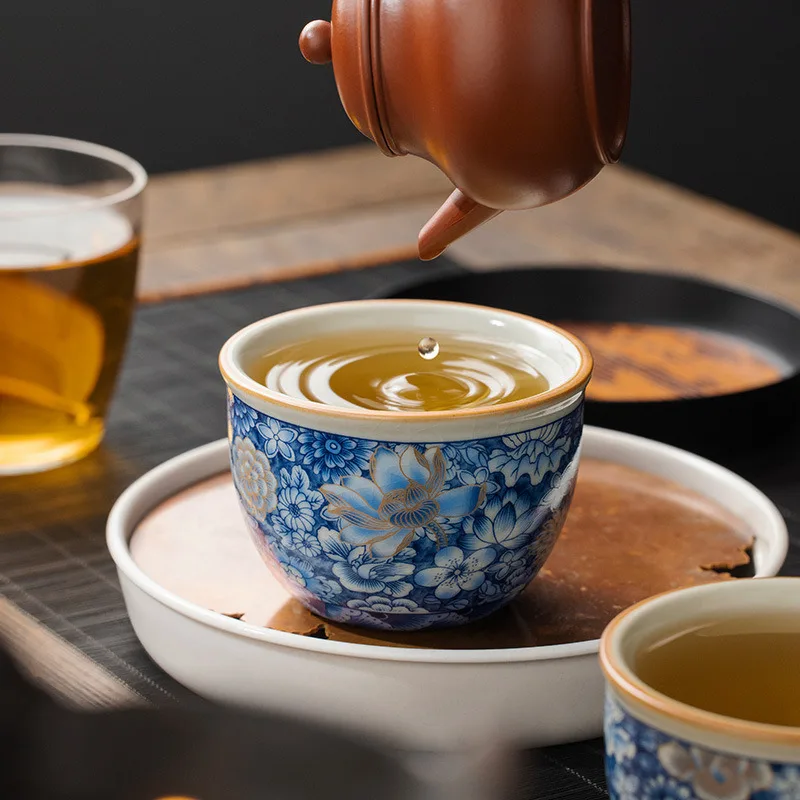 Ru Kiln New Gold Million Flower Jar Cup Ceramic Teacup Chinese Master Cup Single Cup Sample Tea Cup Kung Fu Tea Set