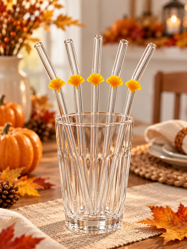 3/5PCS Ginkgo Leaf Decor Bent Glass Straw, Reusable Clear Straw for Autumn Party Wedding Holiday Gift